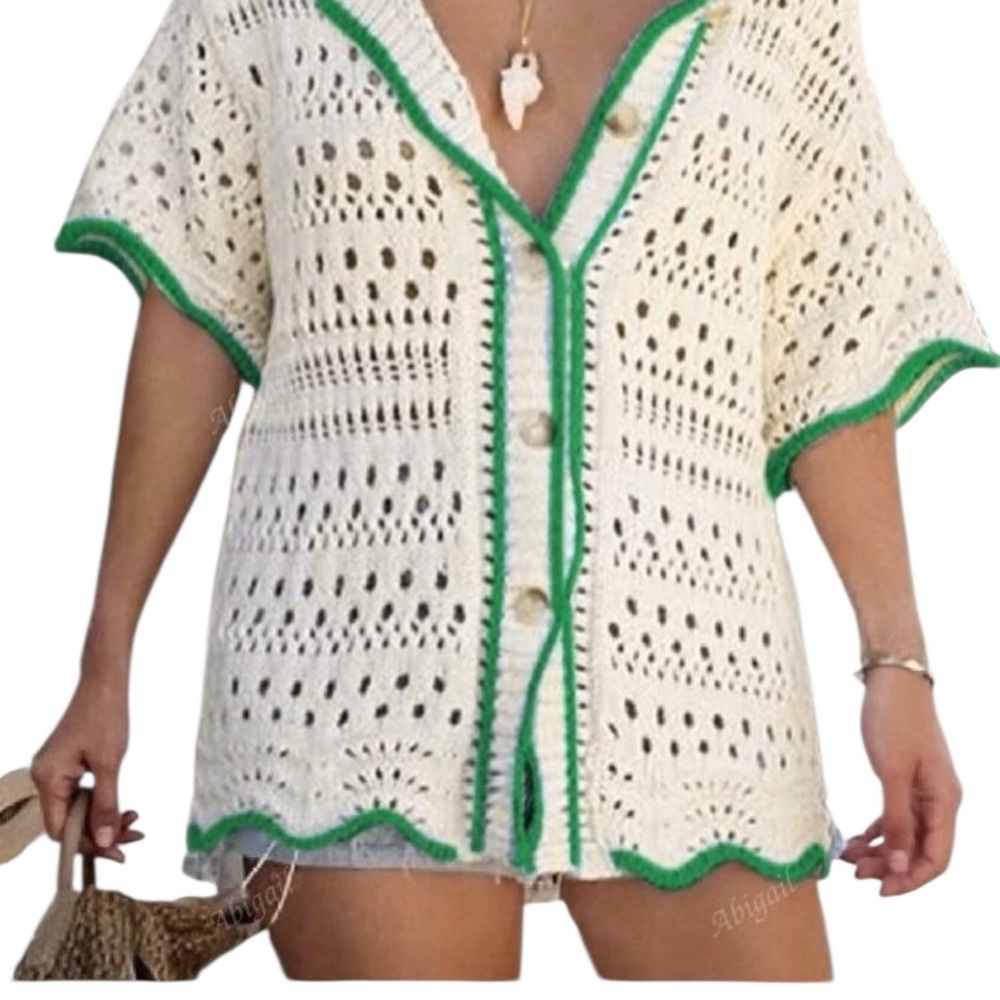 Crochet Button-Up Cover-Up plus size cardigan with Green Trim beach wear NEW 3X